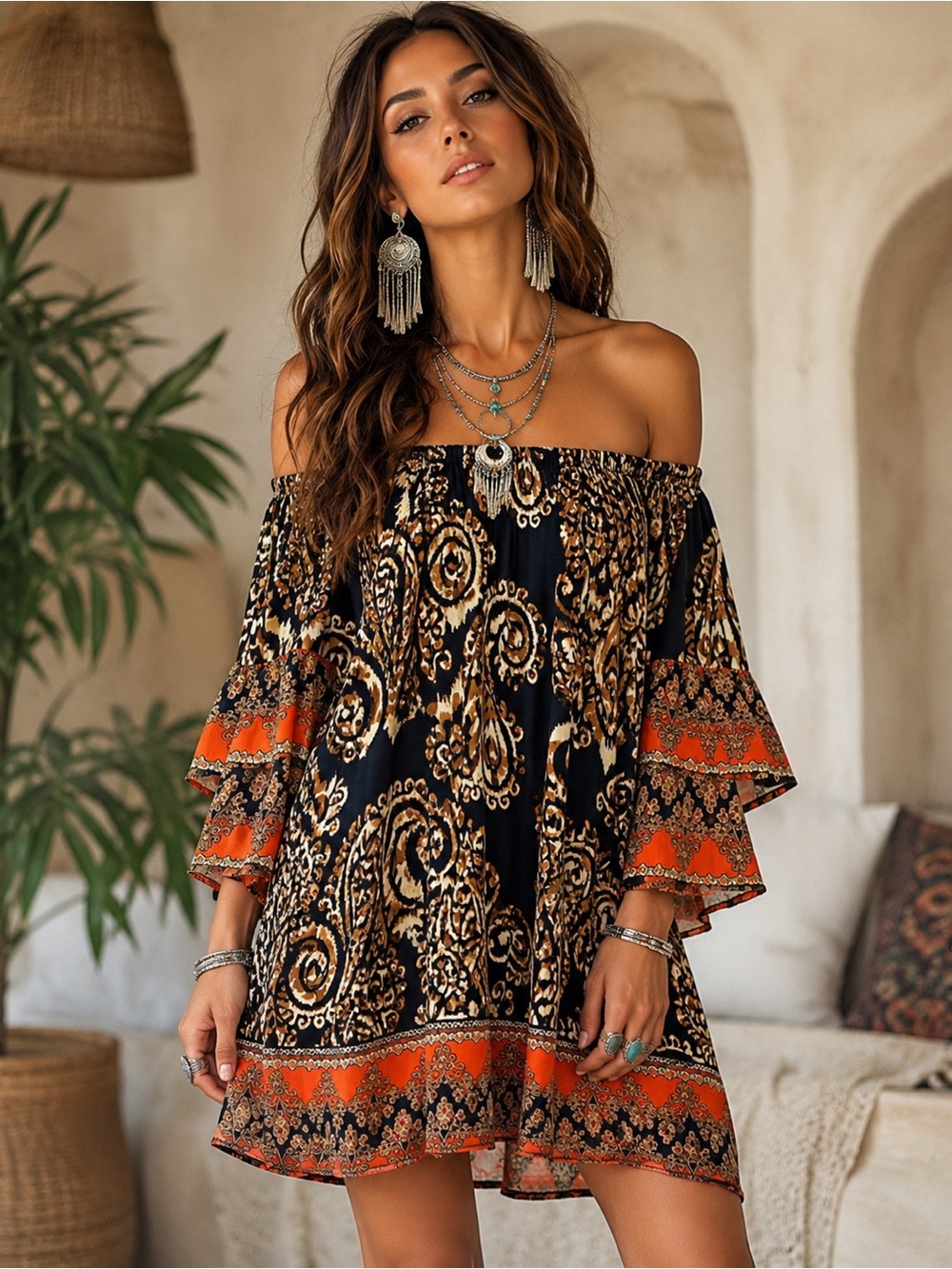 Umgee Boho Off-Shoulder Paisley Mini Dress size L